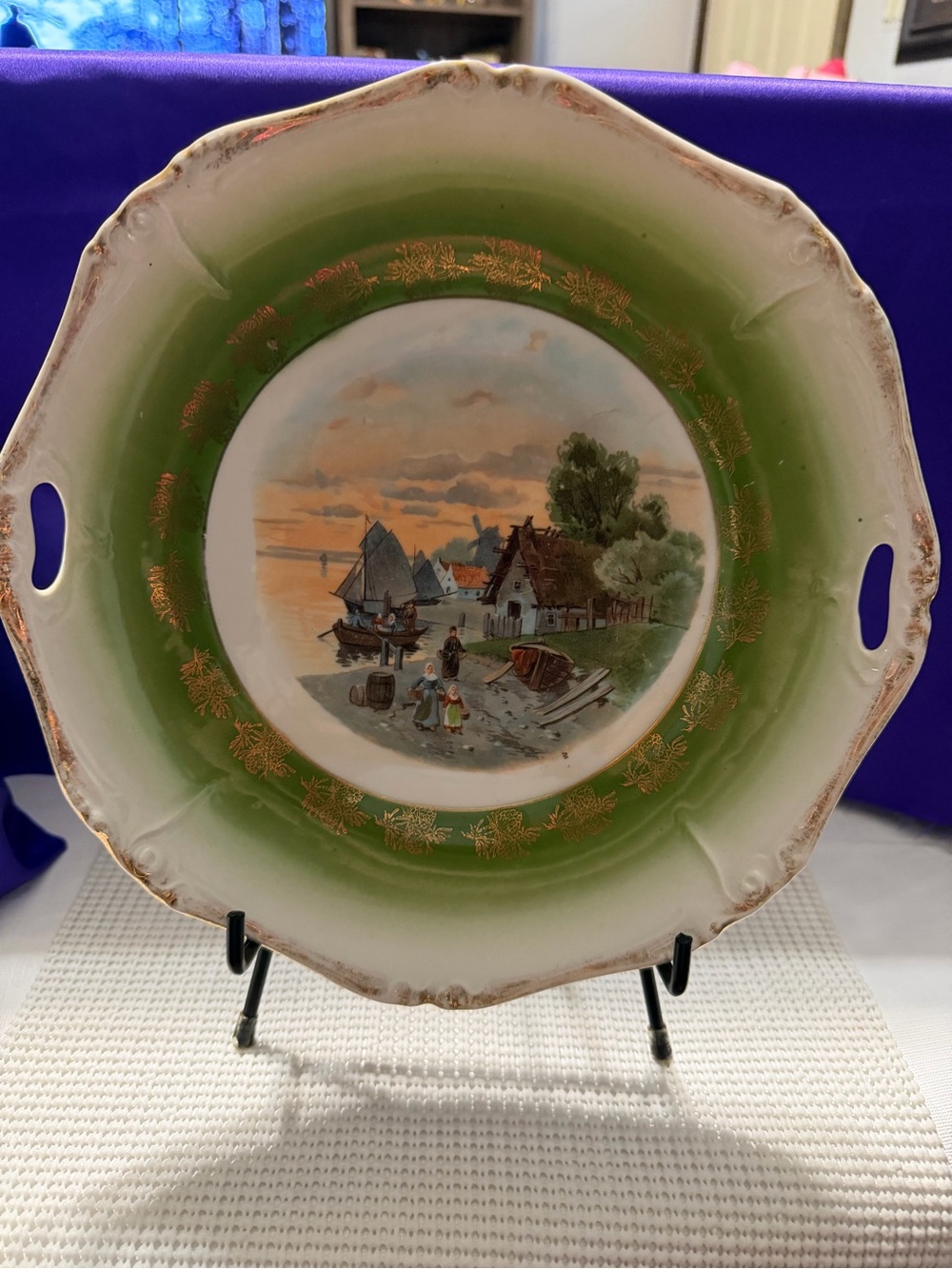 Green Scenic Decorative Porcelain Wall Plate - Vintage Harbor Scene